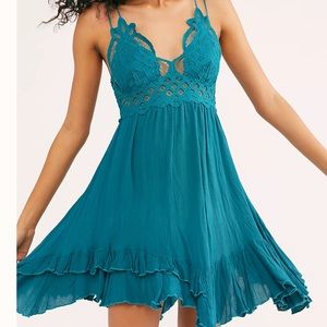 FREE PEOPLE Adella Bralette Slip Dress Turquoise Sleeveless Asymmetric Hem Sz M